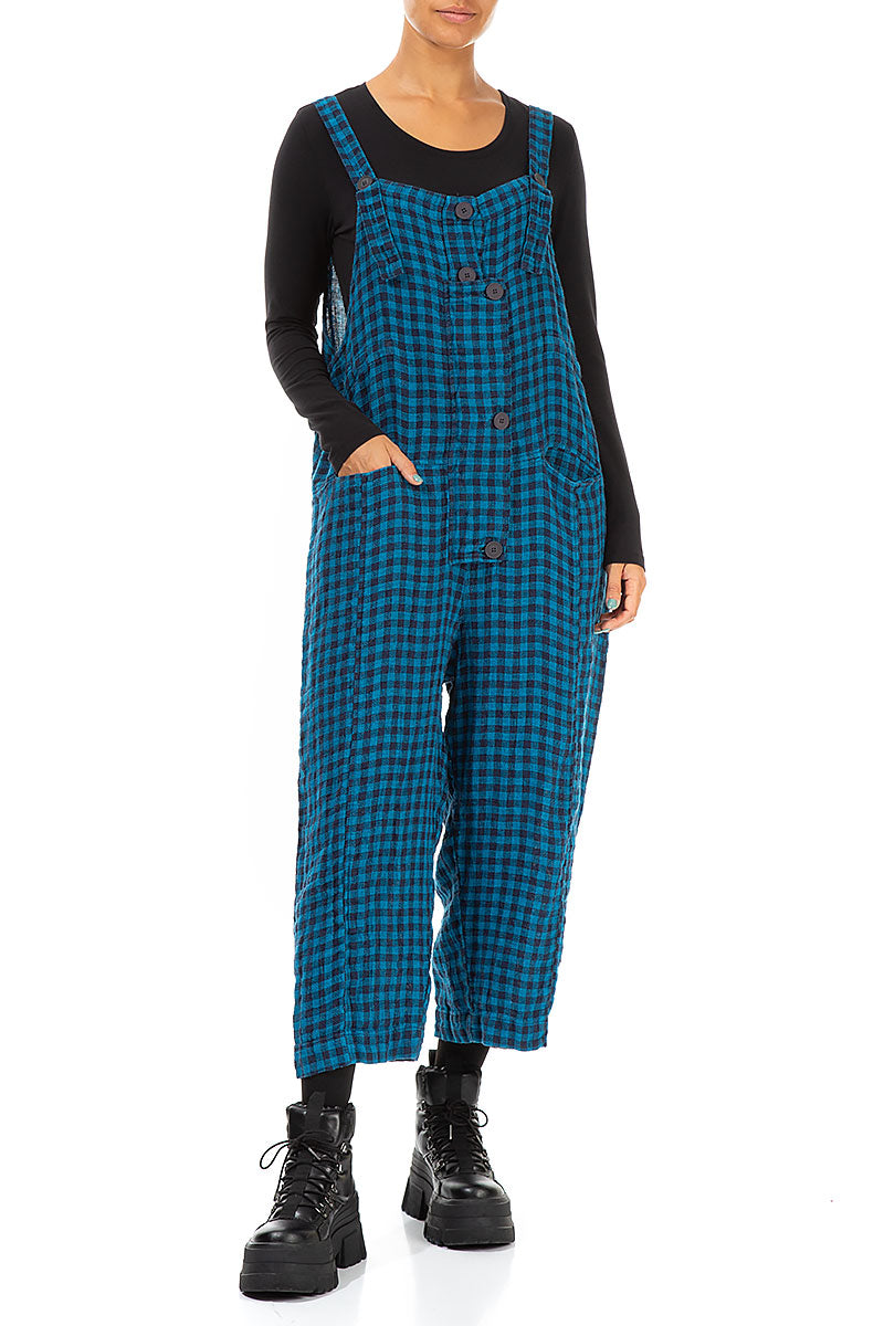 Strappy Blue Check Linen Dungaree Jumpsuit