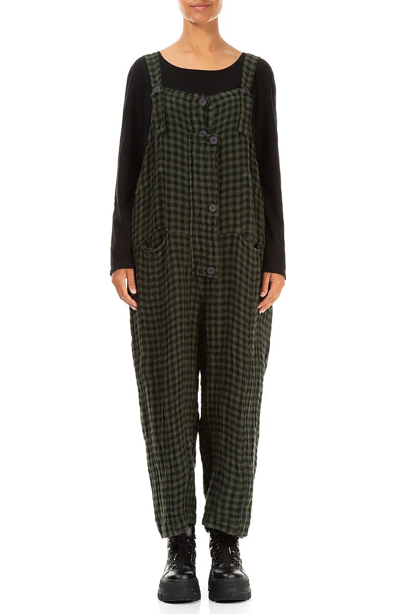 Strappy Forest Mist Check Linen Jumpsuit 1