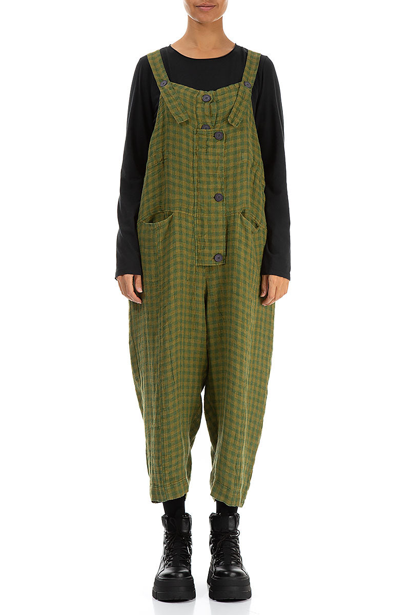 Strappy Green Check Linen Dungaree Jumpsuit