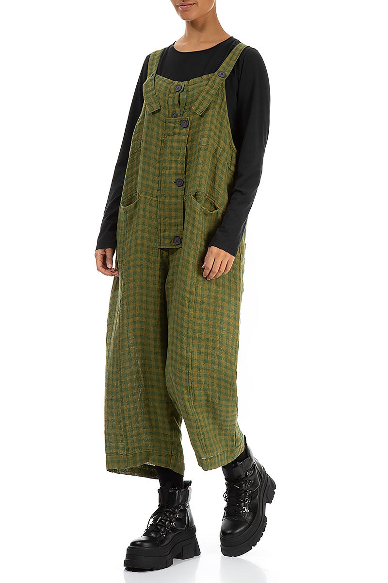 Strappy Green Check Linen Dungaree Jumpsuit