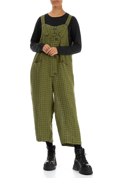 Strappy Green Check Linen Dungaree Jumpsuit