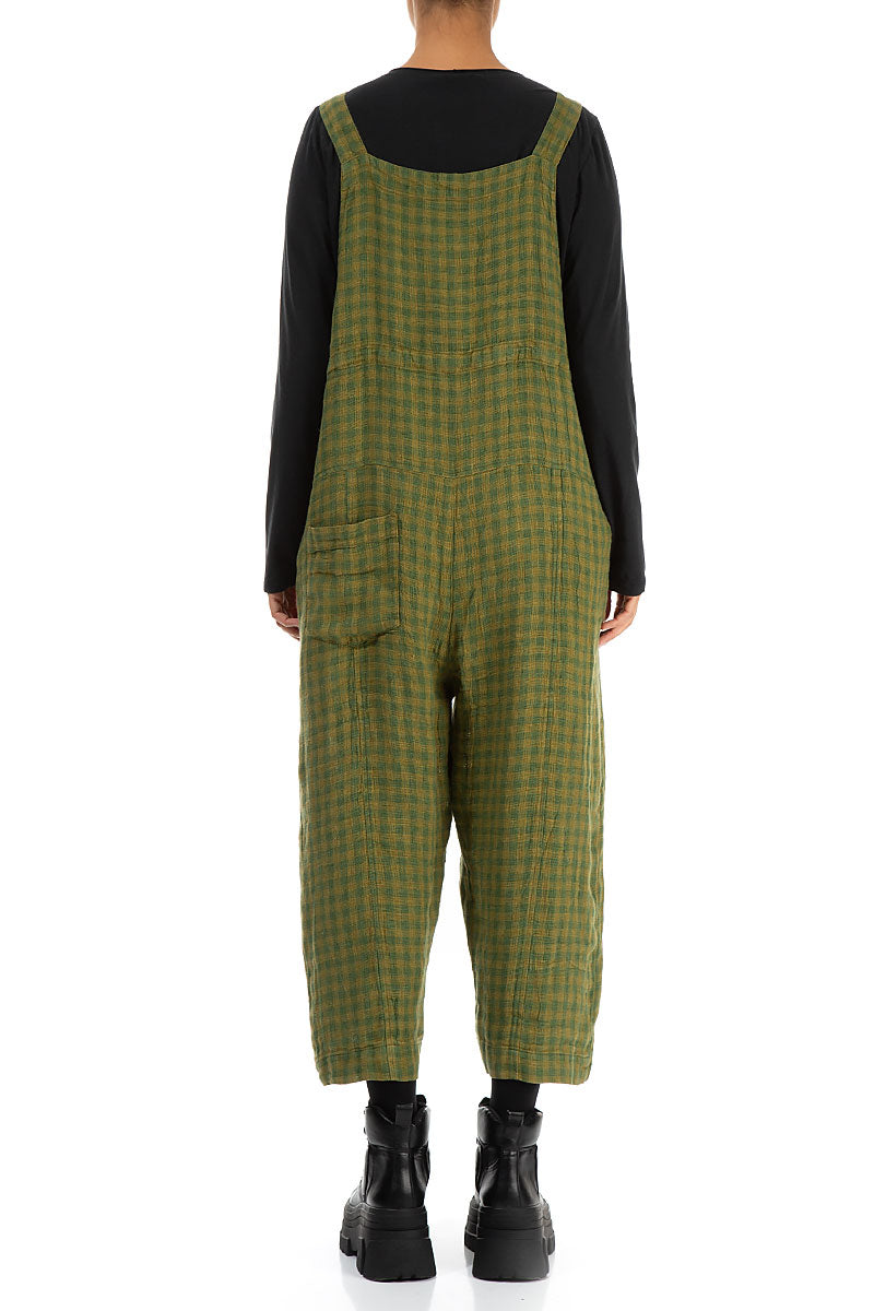 Strappy Green Check Linen Dungaree Jumpsuit