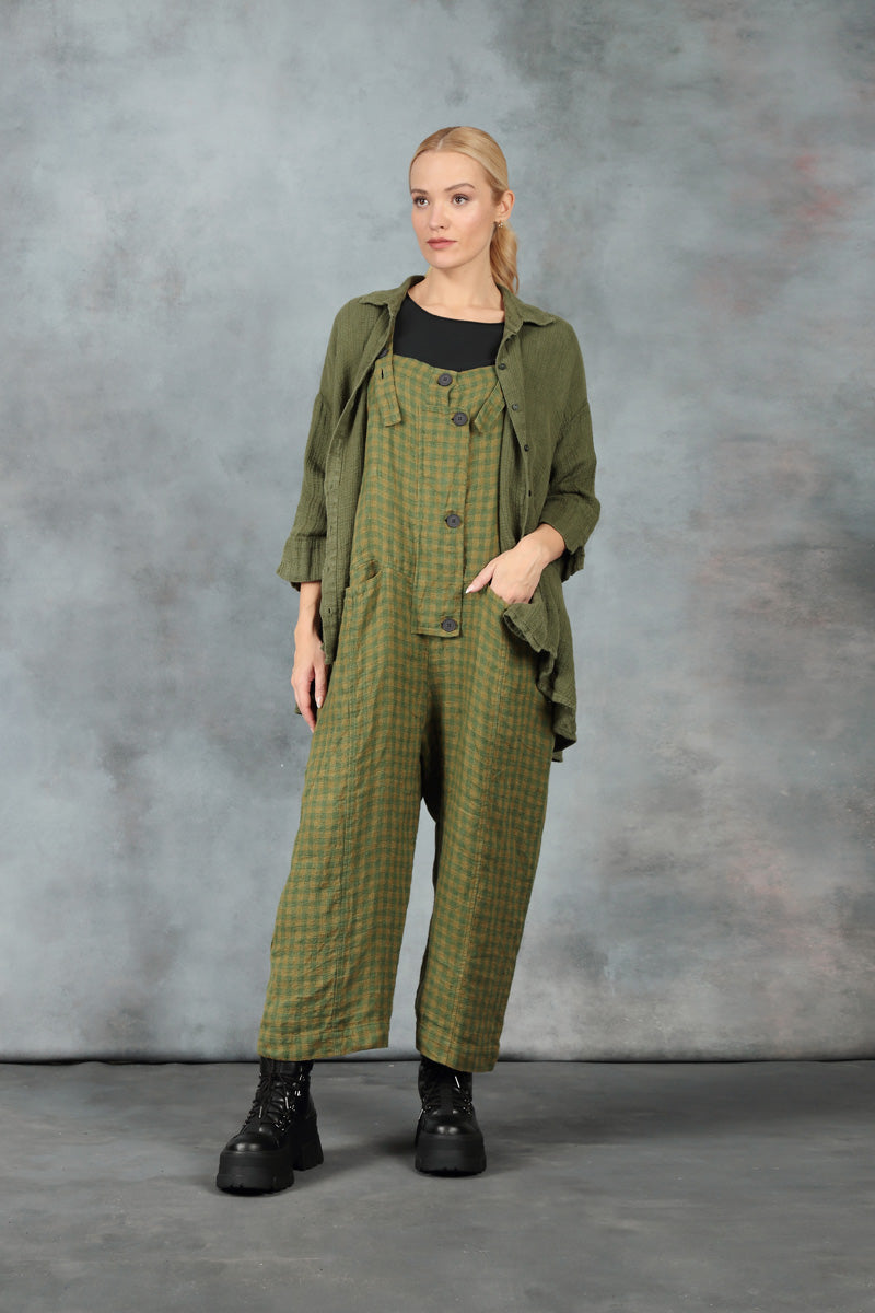 Strappy Green Check Linen Dungaree Jumpsuit