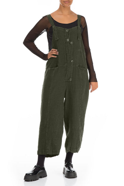 Strappy Olive Mélange Linen Dungaree Jumpsuit