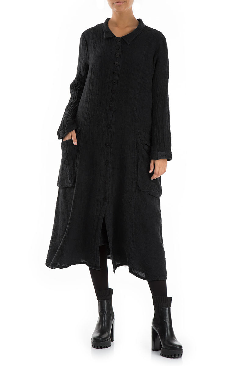 Long Buttonline Black Mélange Linen Jacket 3