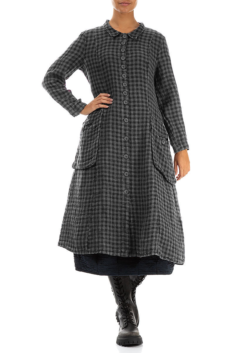 Stylish Long Grey Check Linen Jacket