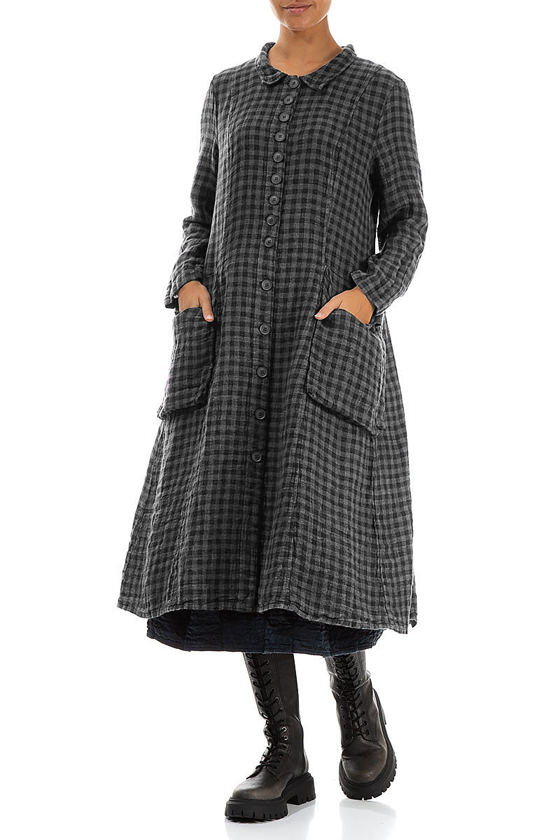 Stylish Long Grey Check Linen Jacket