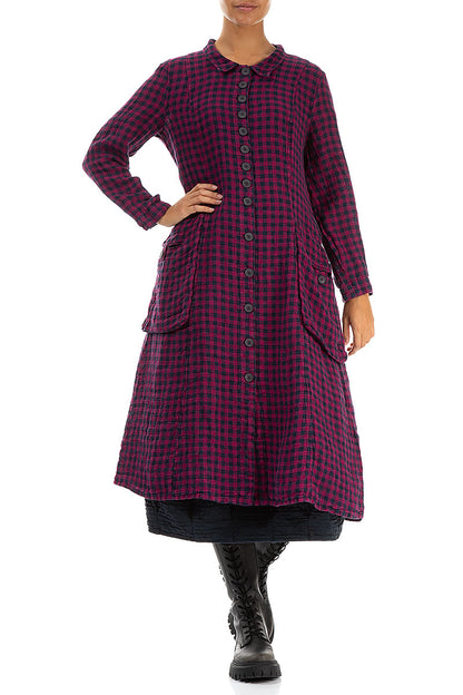 Stylish Long Magenta Check Linen Jacket