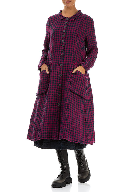 Stylish Long Magenta Check Linen Jacket