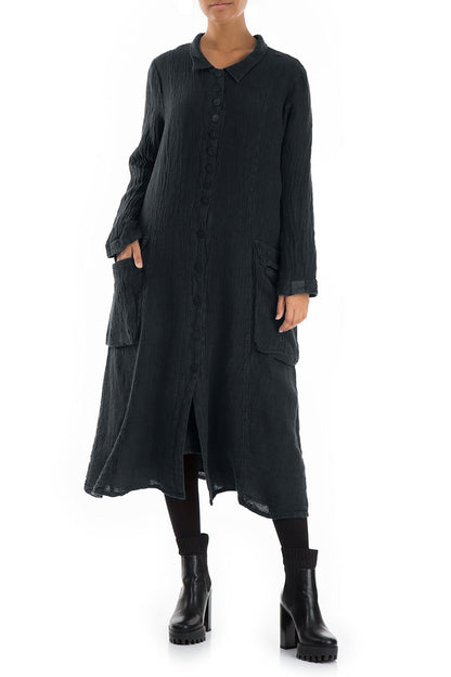 Stylish Long Midnight Blue Mélange Linen Jacket