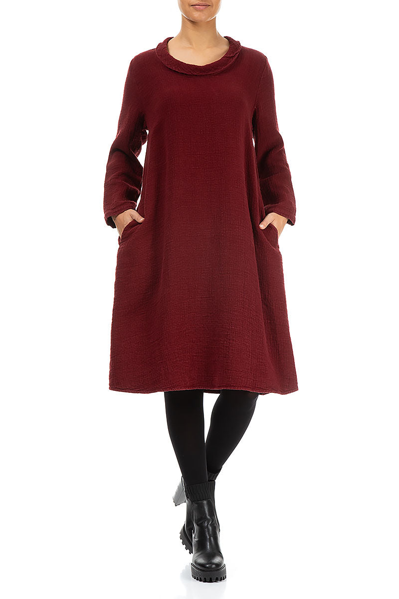 Subtle Cowl Neck Red Heavy Linen Dress