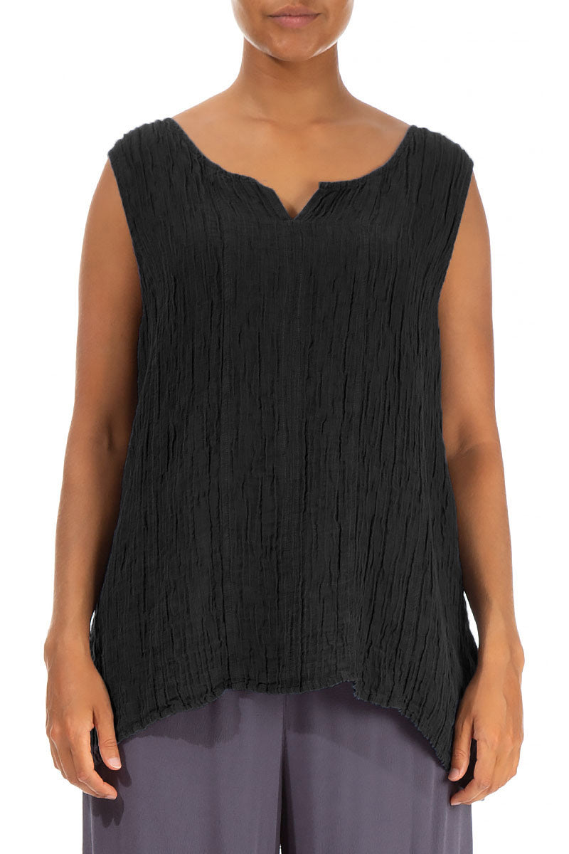 Sweetheart Neck Crinkled Black Silk Top