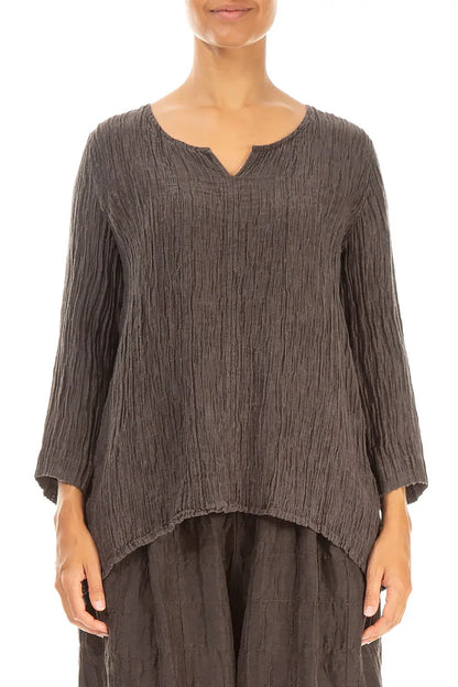 Sweetheart Neck Crinkled Forest Brown Silk Blouse 1