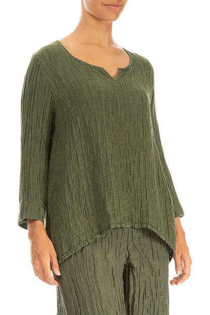 Sweetheart Neck Crinkled Forest Mist Silk Blouse 3