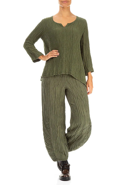 Sweetheart Neck Crinkled Forest Mist Silk Blouse 4