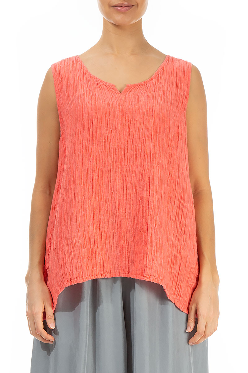 Sweetheart Neck Crinkled Living Coral Silk Top