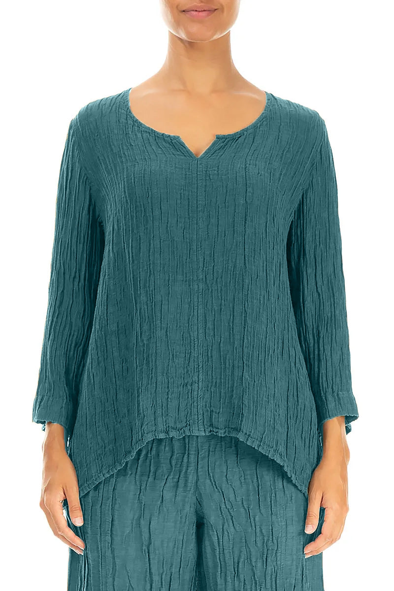 Sweetheart Neck Crinkled Peacock Silk Blouse