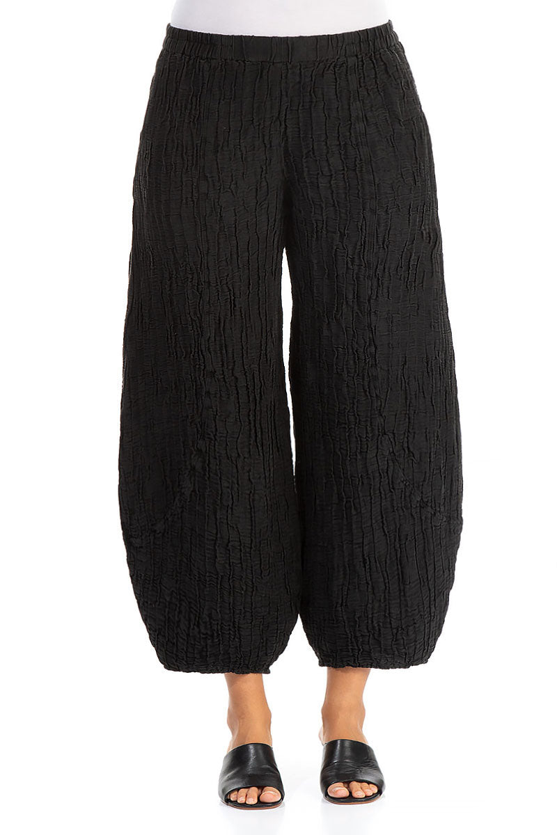 Taper Crinkled Black Silk Trousers