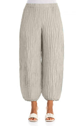 Taper Beige Crinkled Silk Linen Trousers 1