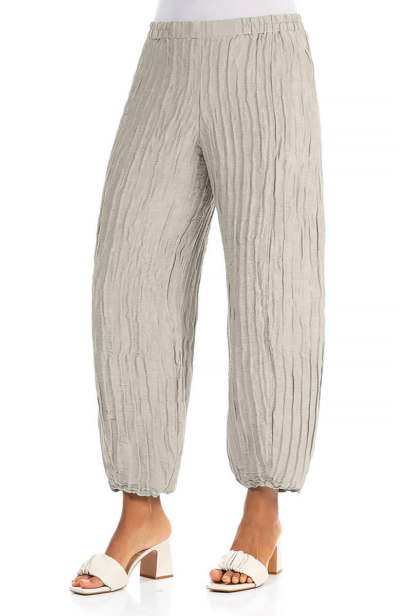 Taper Beige Crinkled Silk Linen Trousers 3
