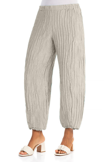 Taper Beige Crinkled Silk Linen Trousers 3