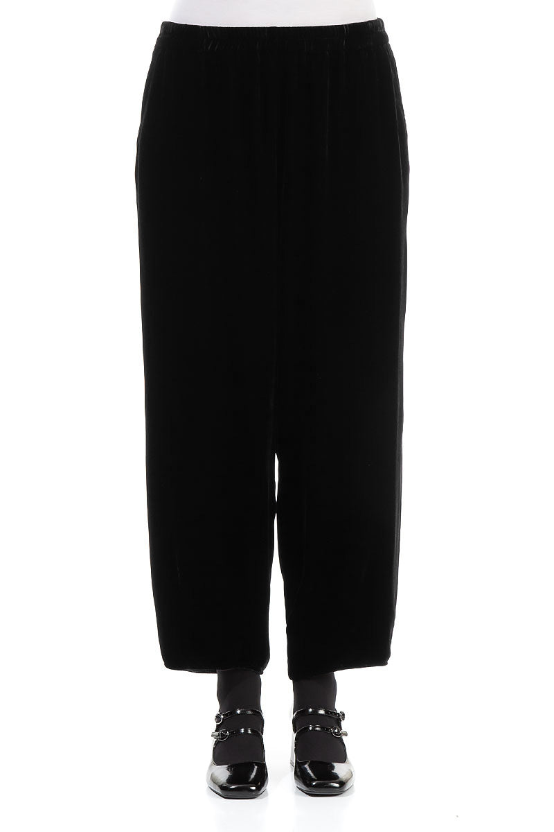 Cropped Taper Black Silk Velvet Trousers 1