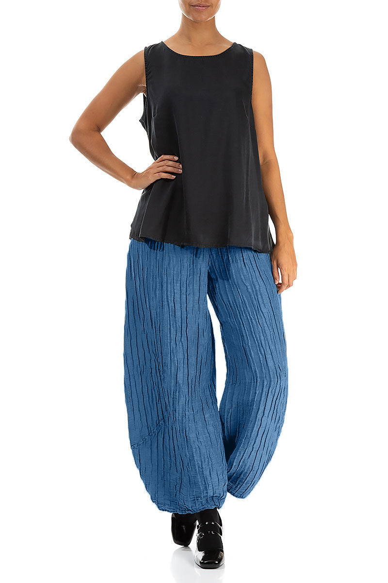 Taper Crinkled Azure Silk Linen Trousers