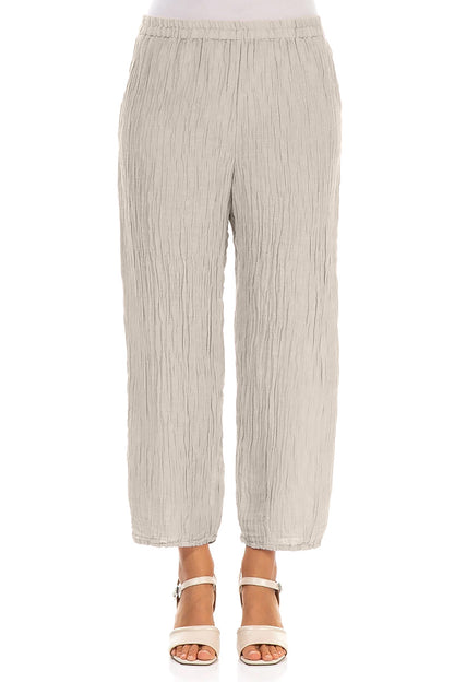 Taper Crinkled Beige Silk Trousers 1