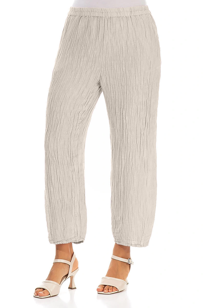Taper Crinkled Beige Silk Trousers 3
