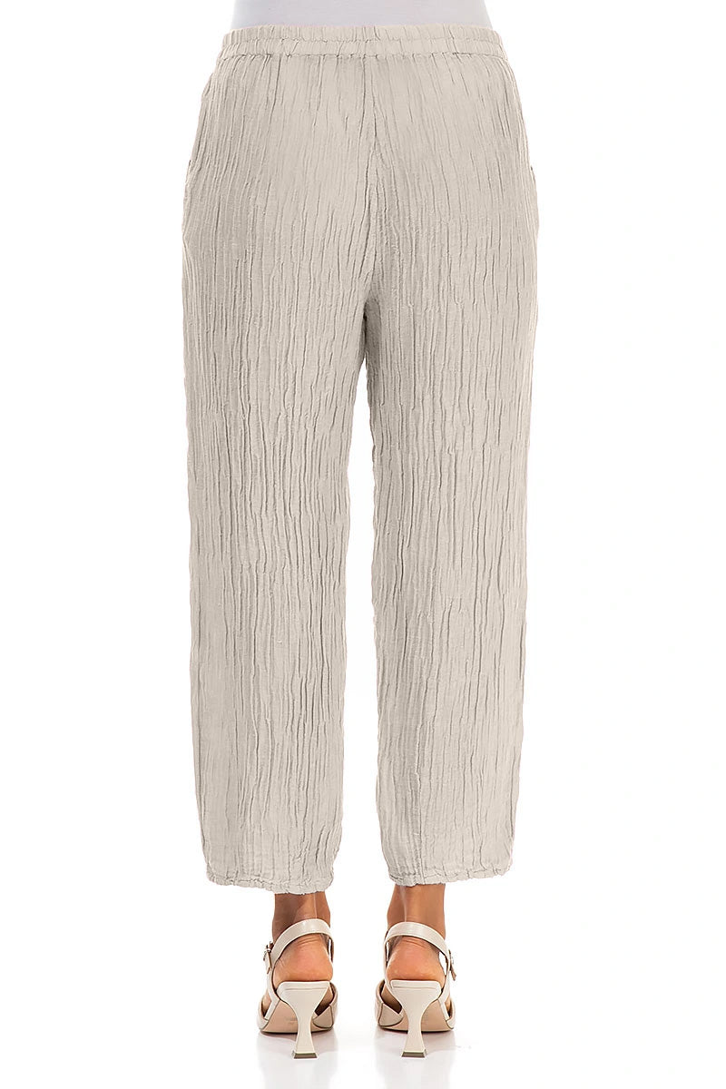 Taper Crinkled Beige Silk Trousers 2