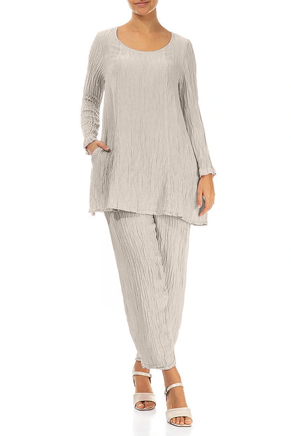 Taper Crinkled Beige Silk Trousers 4