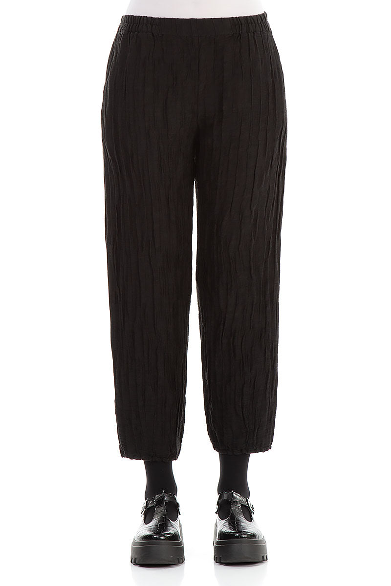 Taper Cropped Crinkled Black Silk Linen Trousers 1
