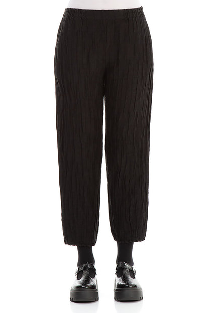 Taper Cropped Crinkled Black Silk Linen Trousers 1