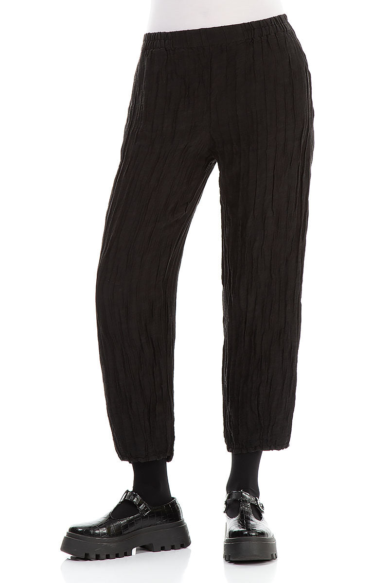 Taper Cropped Crinkled Black Silk Linen Trousers 3