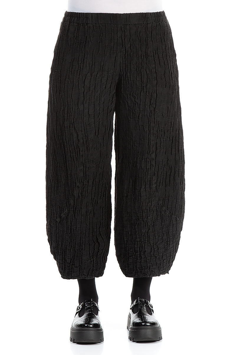 Taper Crinkled Black Silk Linen Trousers