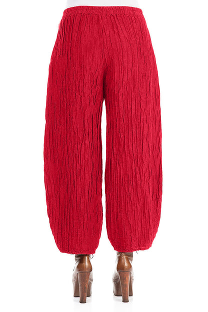 Taper Crinkled Cherry Red Silk Linen Trousers 2