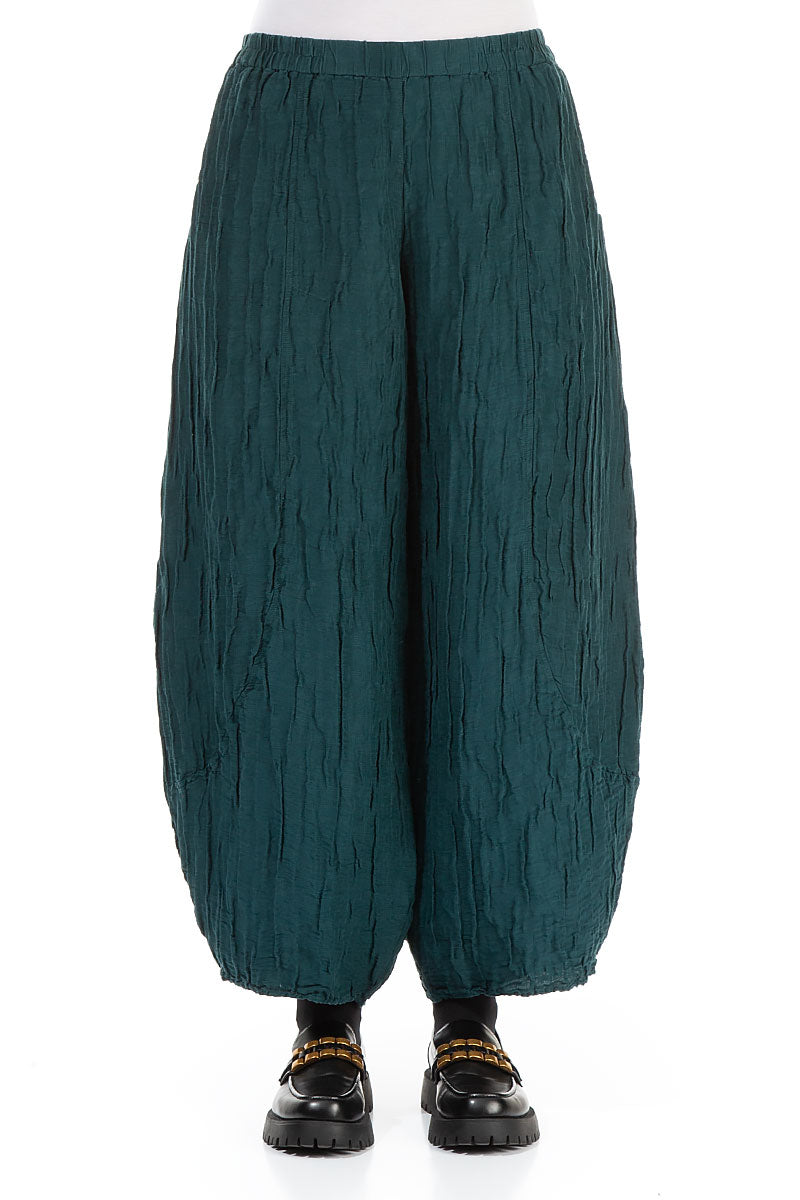 Taper Crinkled Emerald Silk Linen Trousers