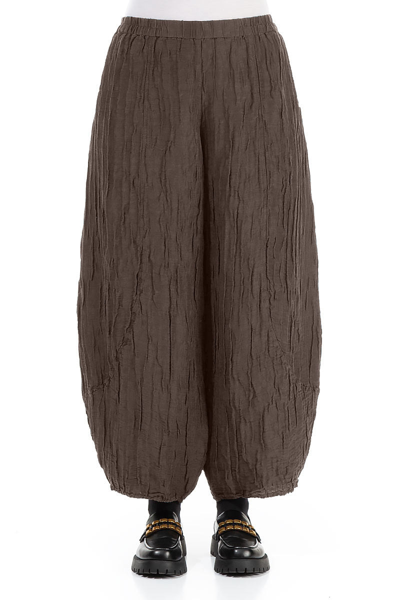 Taper Crinkled Forest Brown Silk Linen Trousers 1