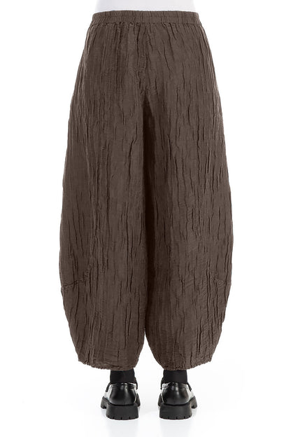 Taper Crinkled Forest Brown Silk Linen Trousers 2