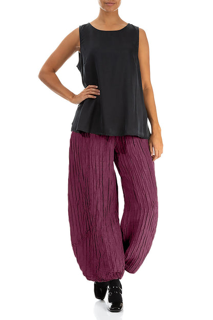 Taper Crinkled Magenta Silk Linen Trousers