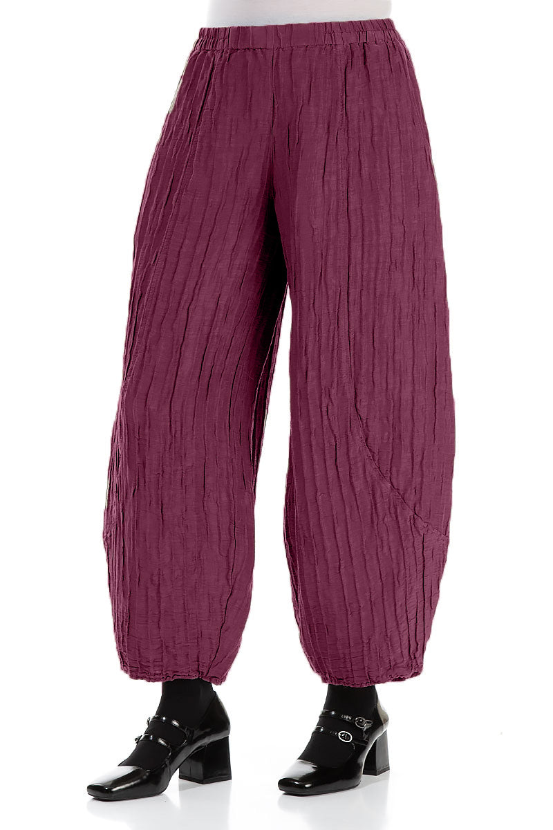 Taper Crinkled Magenta Silk Linen Trousers