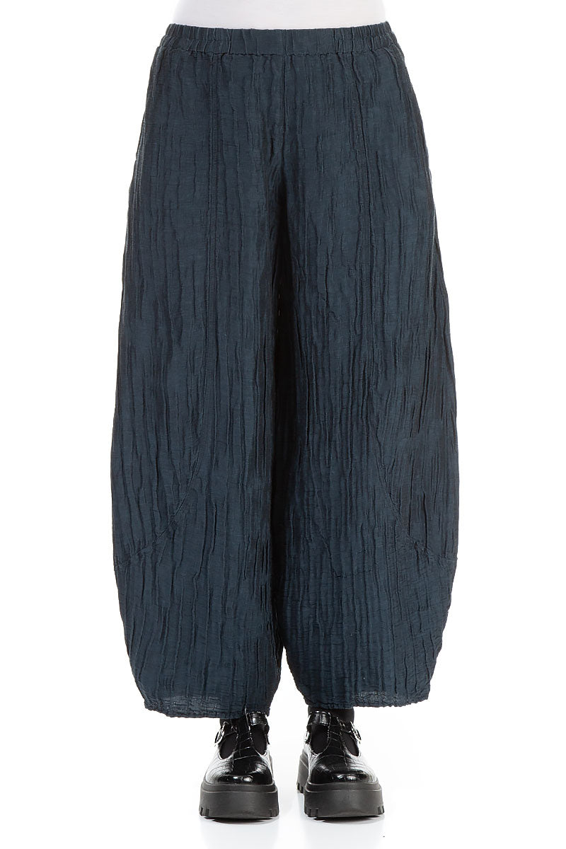 Taper Crinkled Midnight Blue Silk Linen Trousers