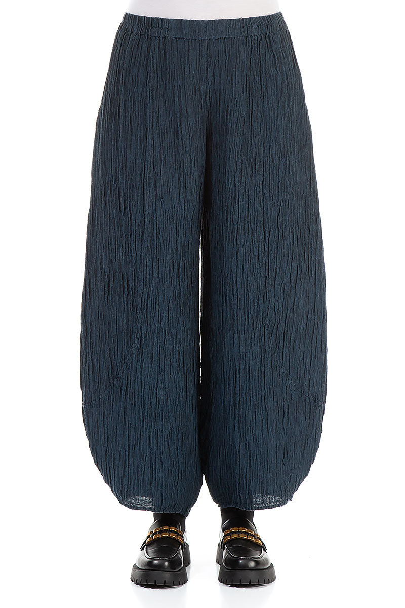 Taper Crinkled Midnight Blue Silk Trousers