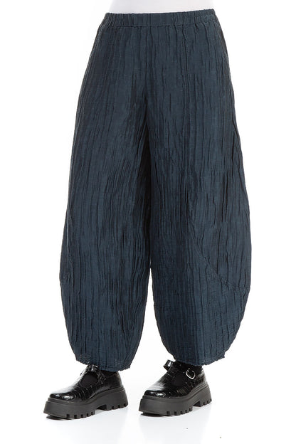 Taper Crinkled Midnight Blue Silk Linen Trousers