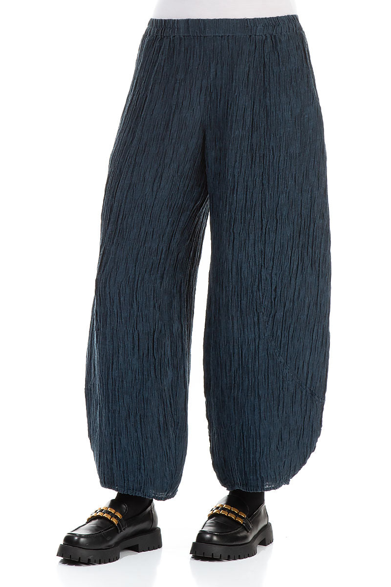 Taper Crinkled Midnight Blue Silk Trousers