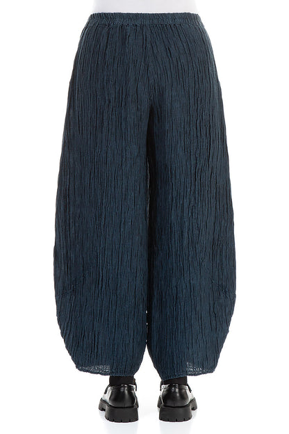 Taper Crinkled Midnight Blue Silk Trousers