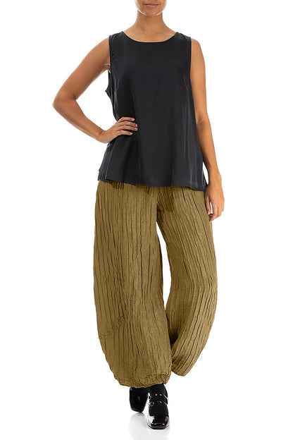 Taper Crinkled Olive Silk Linen Trousers