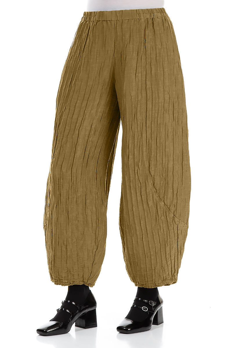 Taper Crinkled Olive Silk Linen Trousers