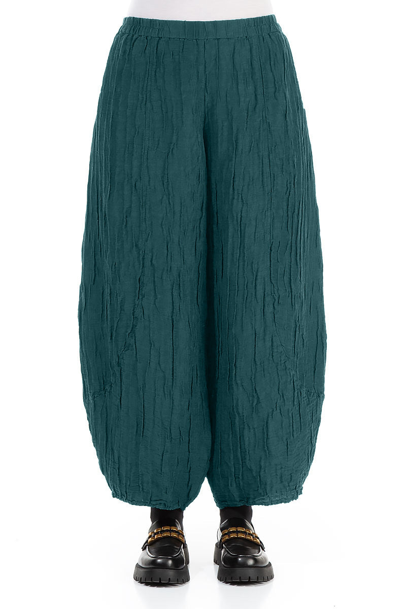 Taper Crinkled Peacock Silk Linen Trousers 1