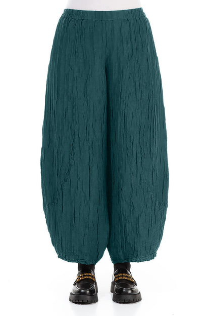 Taper Crinkled Peacock Silk Linen Trousers 1